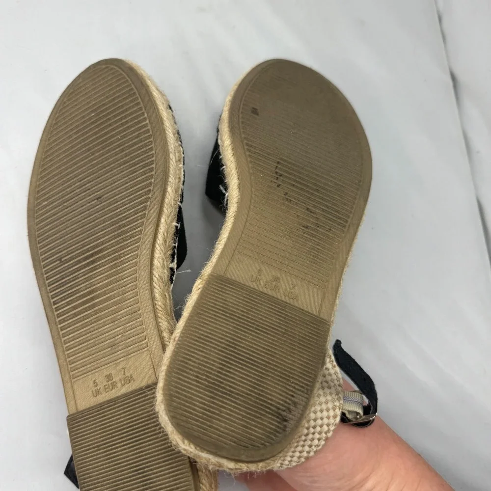 Primark Espadrille Sandals Womens 7 Black Ankle Strap Wide Fit Boho Summer Flat